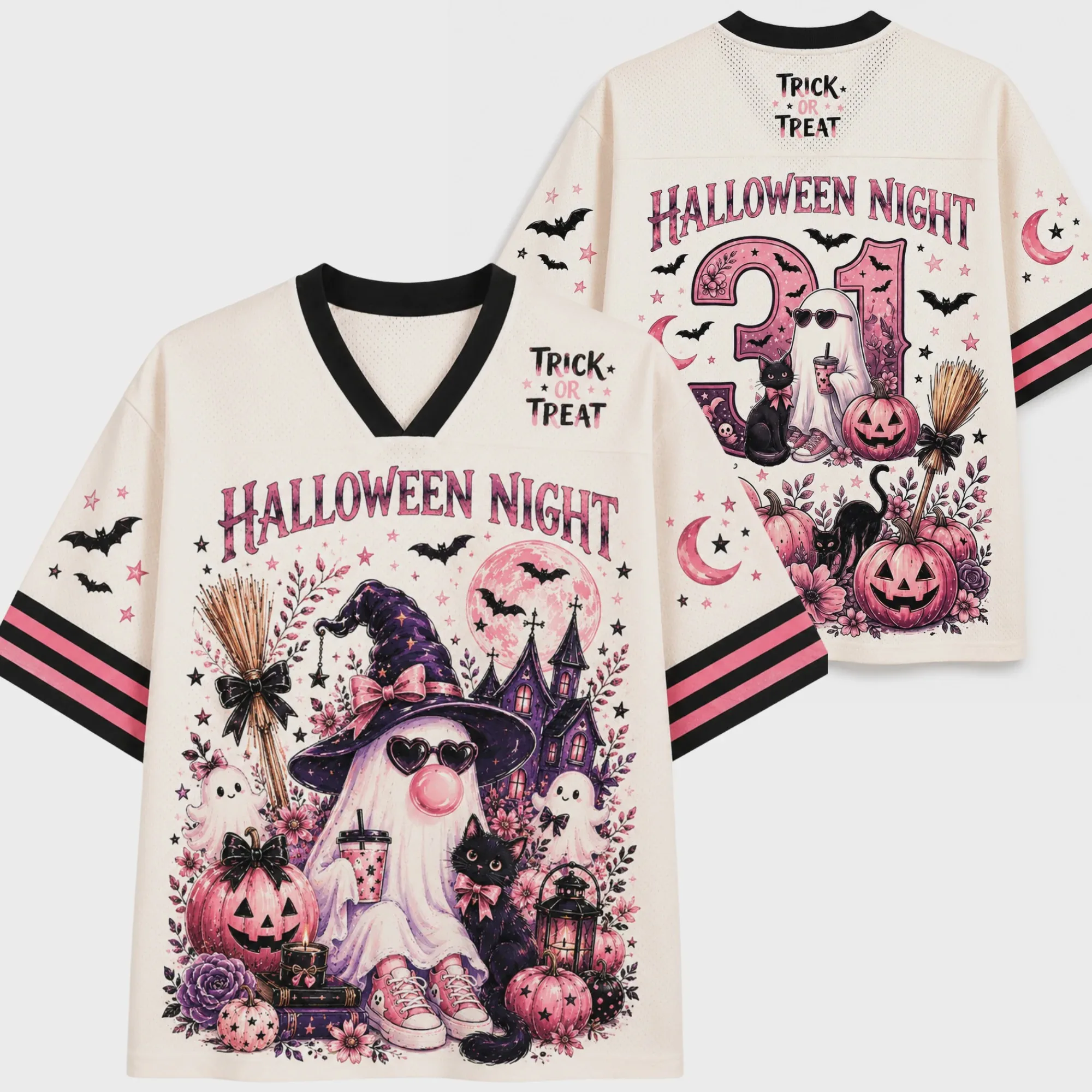 Cute Pink Ghost Halloween Night Print Unisex Short Sleeve Tee, Spooky Graphic Loose Tee for Halloween Party Casual Daily Wear