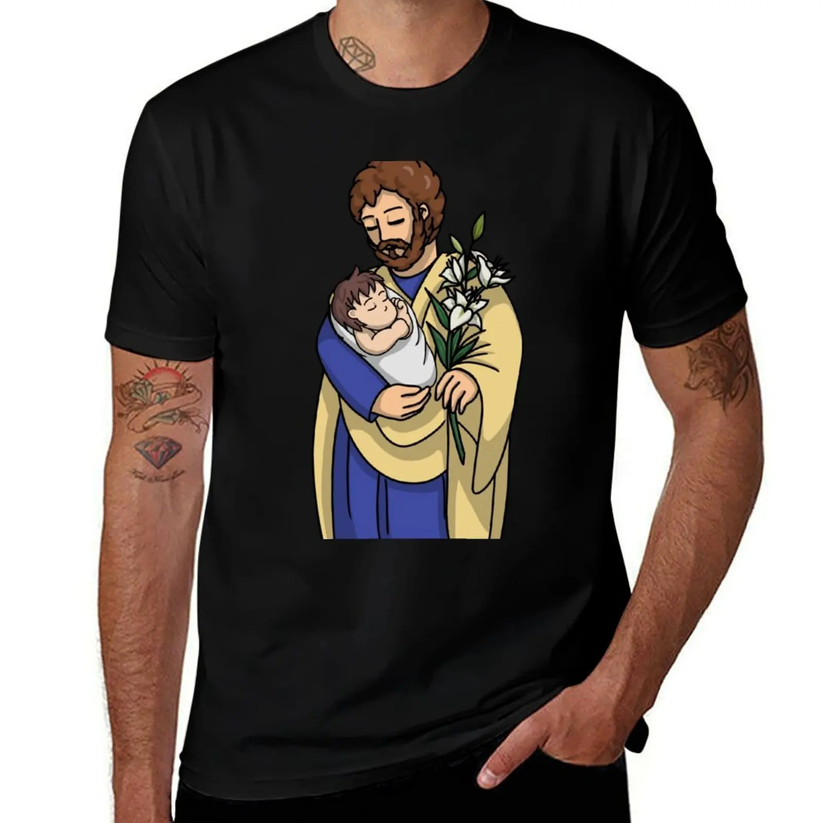 St Joseph and cute baby Jesus T-Shirt Active Sports Short Sleeve Cotton Shirt T-Shirt