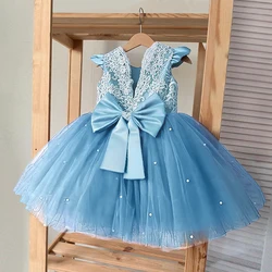 Summer Baby Girls 1st Birthday Party Princess Dress Flower Lace Backless Dress Toddler Kids Wedding Elegant Baby Girls Clothes