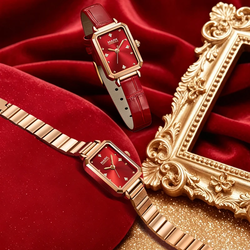 MARK FAIRWHALE Women Quartz Watch FW-3070 Sunburst Red Dial Shiny Crystal Scale Two Optional Bands Luxury Female Wristwatch