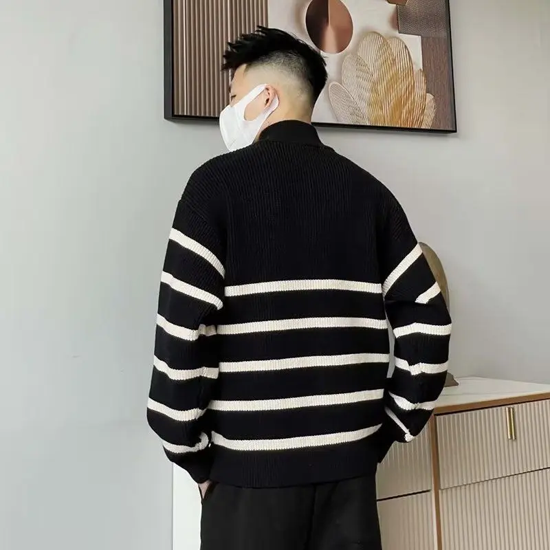 

Thiened Lazy Sle Knitted Sweater Zipper Collar Men's Casual Striped Outerwear Winter Season Polyester Fiber Soft Hand Feel