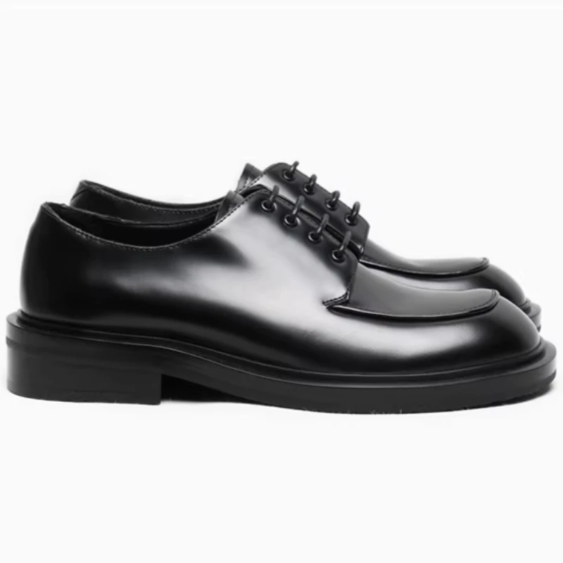 British Square Head Bright Leather Derby Shoes for Men's Dress Shoes Genuine Leather Handsewn Thick Sole Height Increasing Shoes