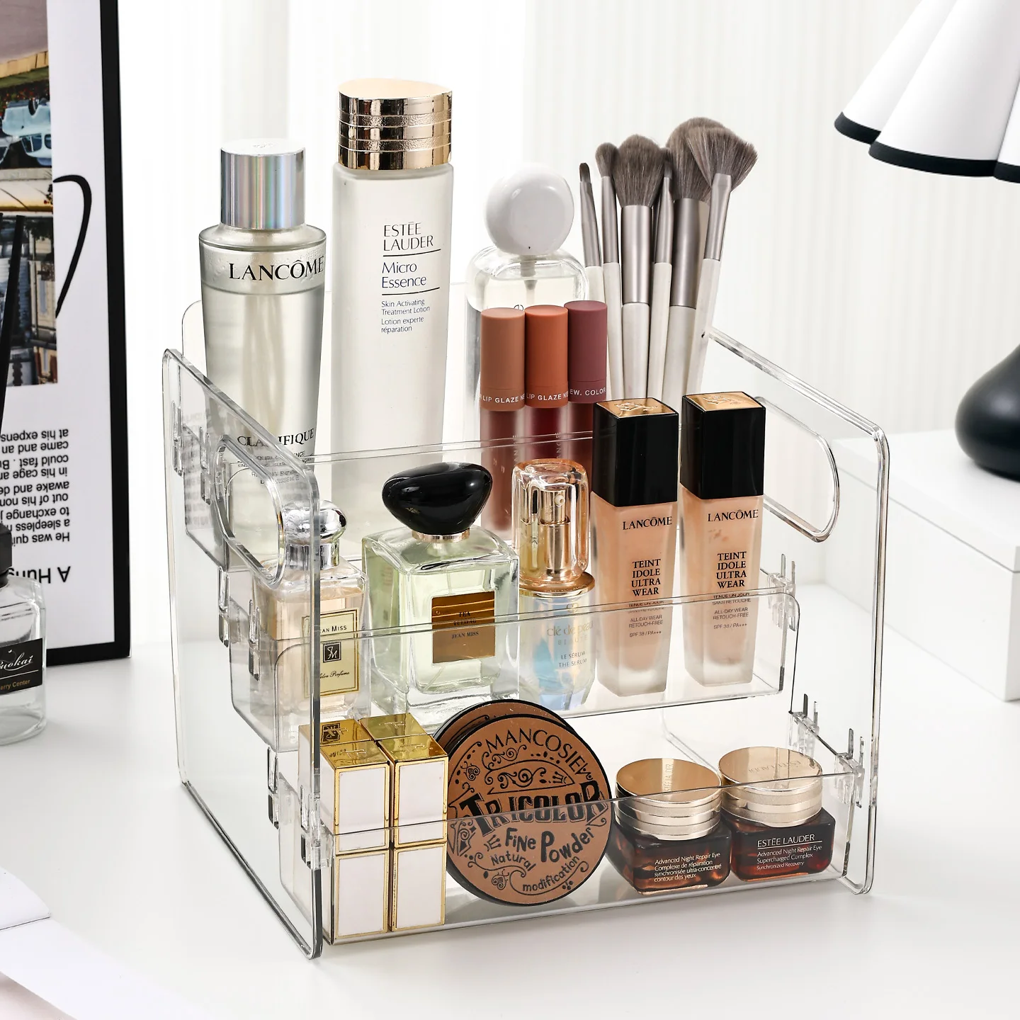 1pc transparent acrylic cosmetic storage rack threelayer snap detachable handheld cosmetic container skincare desktop organizer
