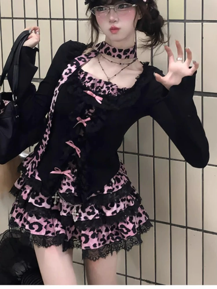 

Новые осенние женские комплекты из 2 предметов с леопардовым принтом Y2k, розовые топы с длинными рукавами + короткое пышное платье, модная винтажная корейская популярная одежда