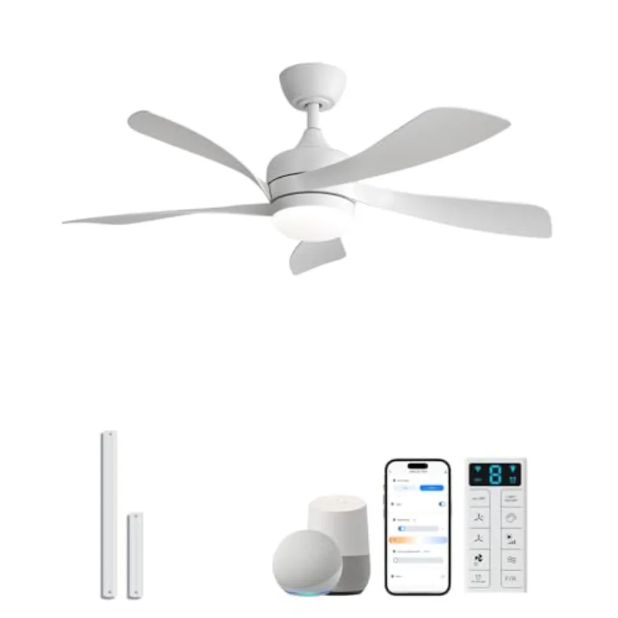 42 Smart Ceiling Fan for Indoor/Outdoor Use, White ABS Plastic with 3-Color Light, 6-Speed Timing Reversible DC Motor, Works wi