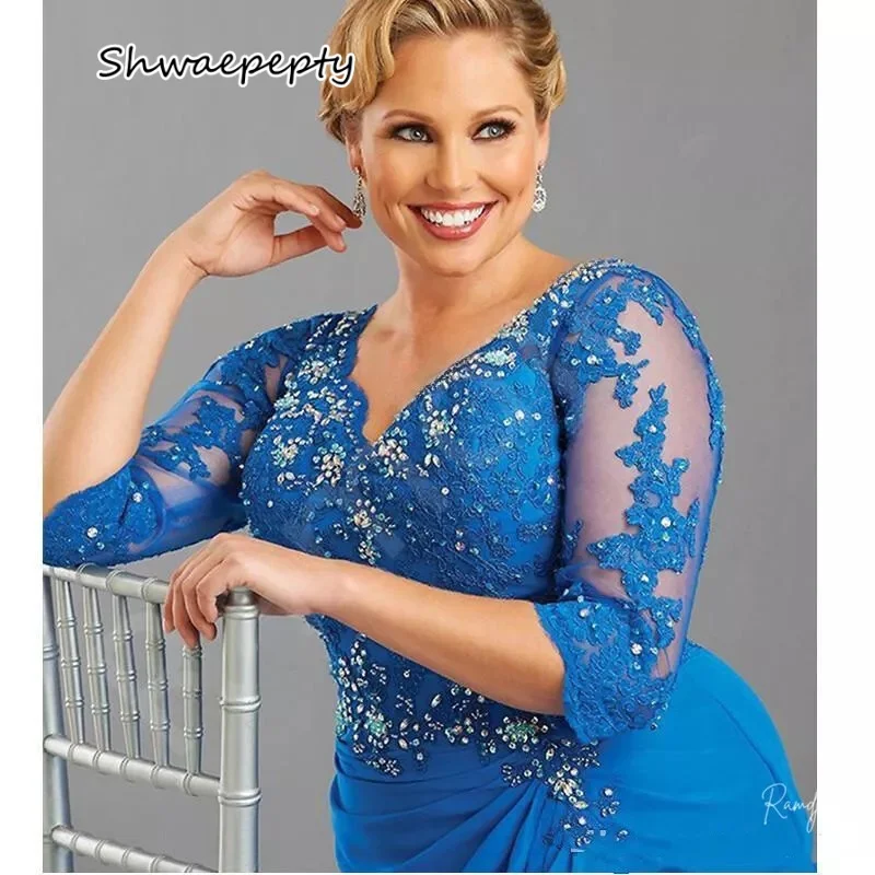 Elegante azul longo mãe da noiva vestido com decote em v rendas apliques frisado noivo mãe formal wear personalizado vestido de festa de casamento