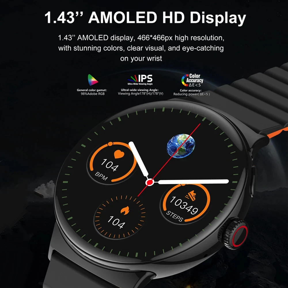 AMOLED HD 스크린 스포츠 스마트 워치, 심박수, 혈액 산소, 블루 투스 통화, 방수 스마트 워치, 남녀공용 포켓 워치, 신제품