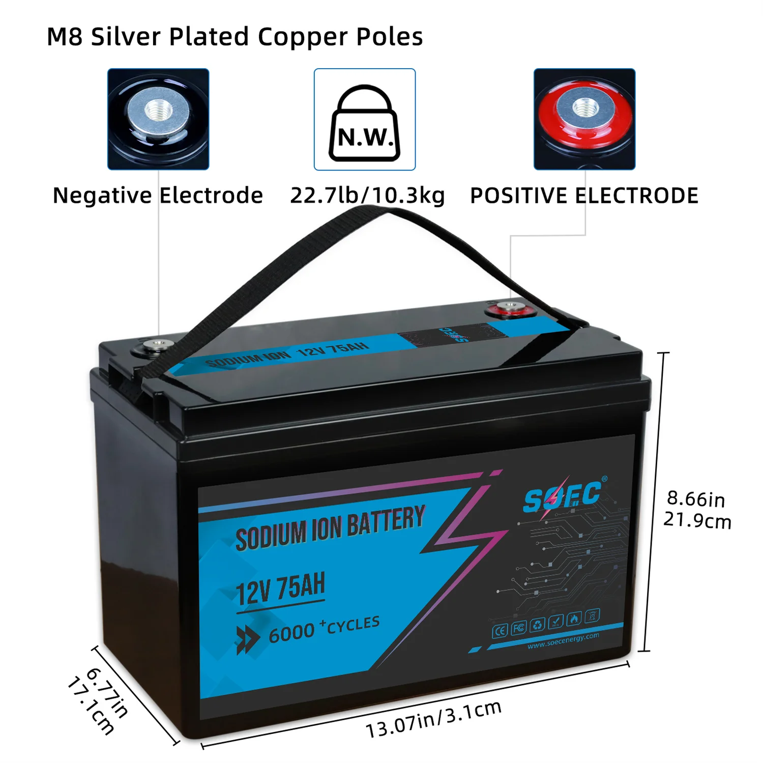 SOEC 12V 75AH Sodium-Ion Battery Built-in BMS Deep Cycle Solar Battery for Electric Vehicles/Boats/Home Energy Storage Systems