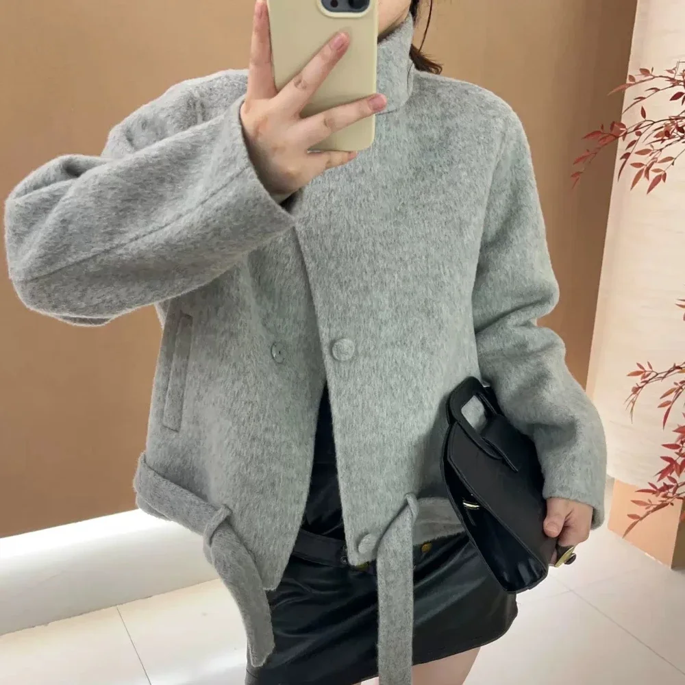 Women's Jacket Coat with Wool Stand Collar Short Wool Coat Belted Wrap Oversized Wool Coat Winter Fashion Warm for Office Wear