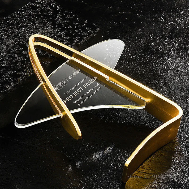 Customized Crystal Trophy, Metal Gold, Silver, Bronze, Five-Pointed Star, Unique, Home Decoration, Creative Souvenir Reward, 1Pc