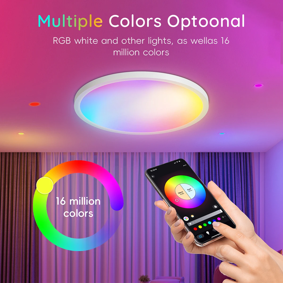 مصباح سقف ذكي واي فاي RGB + CCT LED تركيبات إضاءة السقف متوافقة مع Alexa Google Home 16 مليون متعدد الألوان 3000-6500K