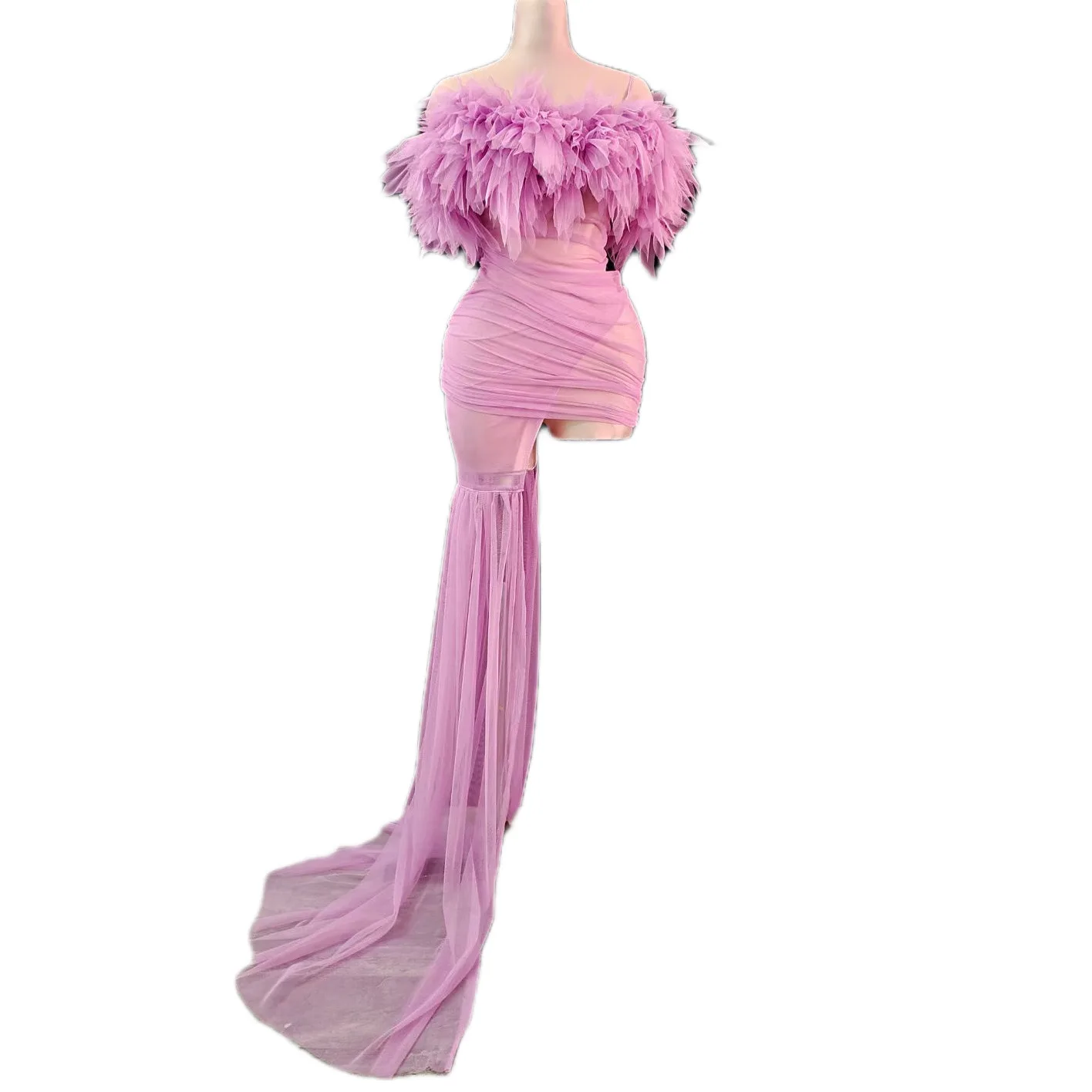 

Pink Spaghetti Strap Gauze Perspective Sexy Trailing Dress With Gloves For Women Fashion Show Stage Costumes Carnival Prom Wears