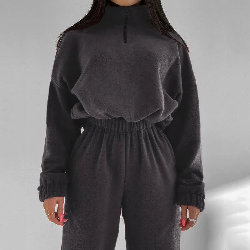 Women Fleece Suit Loose Long Sleeve Sweatshirt and  High Waist Trousers 2 Pieces Set Female 2024 Winter Fashion Warm Tracksuit