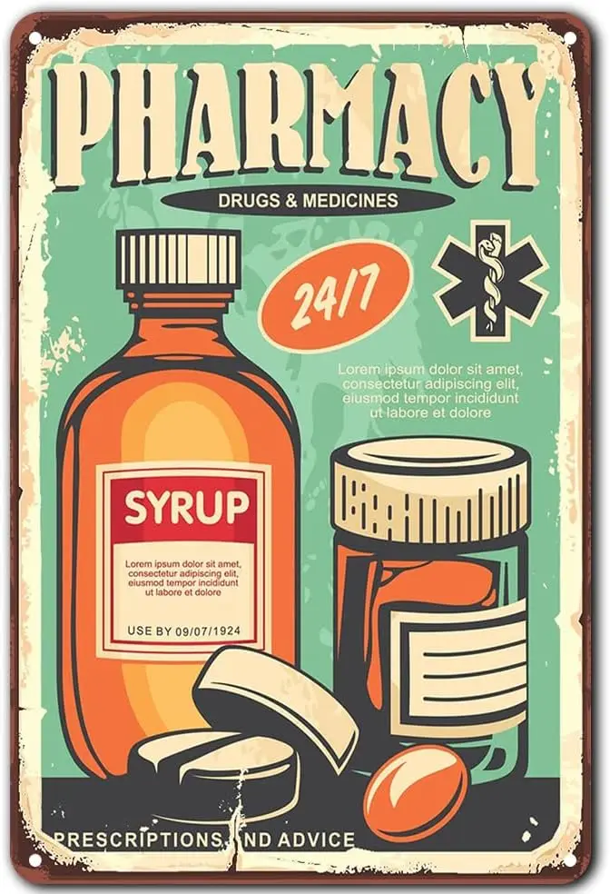 Letrero Metálico Retro de Hojalata, Letrero Metálico Oxidado Vintage, Letreros de Farmacia, Letreros de Hojalata de Medicamentos y Jarabes, Decoración de Pared para el Hogar, Placas Metálicas
