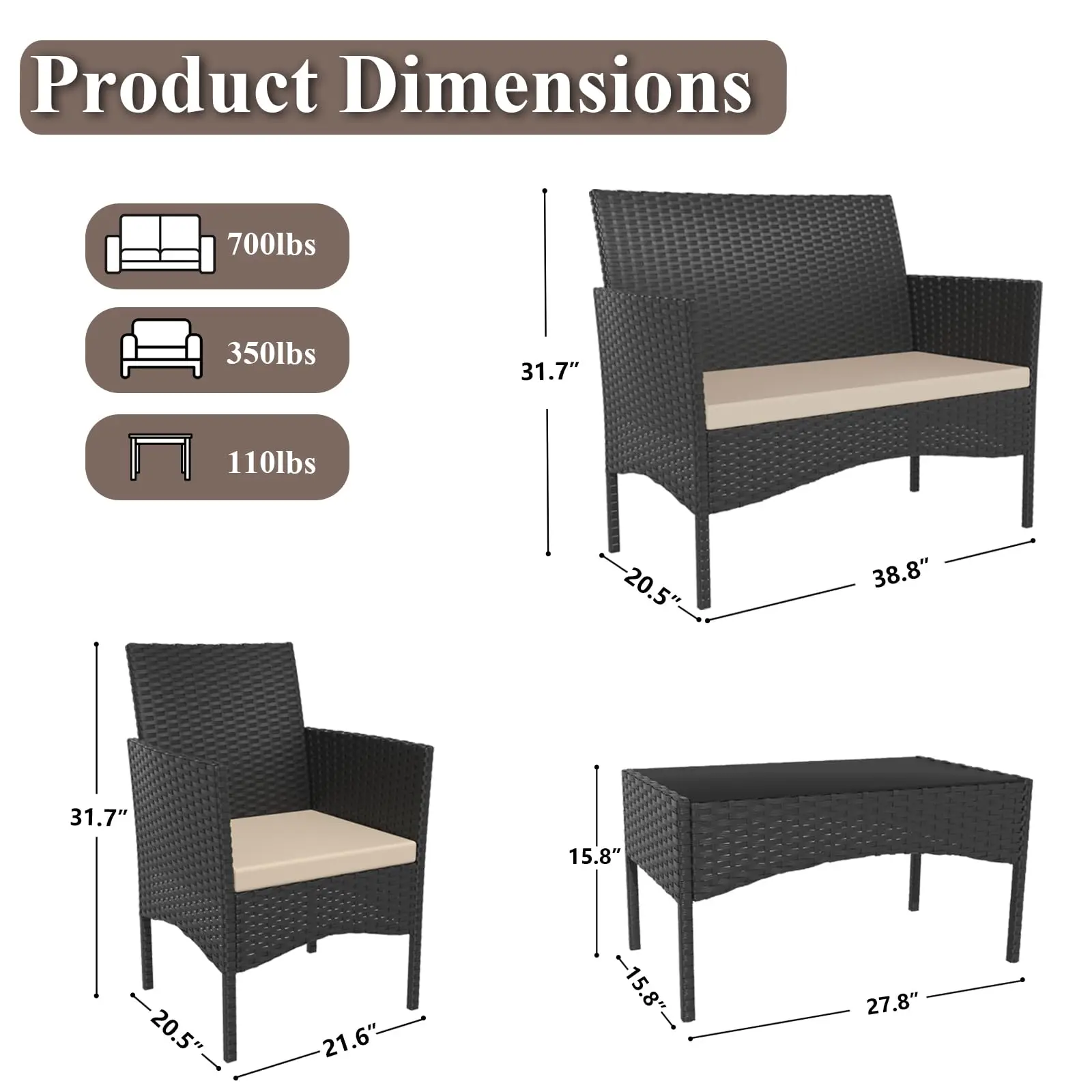 4 Piece Patio Rattan Conversation Set, Outdoor Rattan Chair Wicker Furniture Set, Couple Seats and Tempered Glass