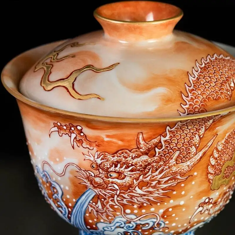 Holy Mountain Jingdezhen Hand-Painted Alum Red Dragon Water-Absorbing Chinese Handmade Ceramic Set Gaiwan Tea Cup