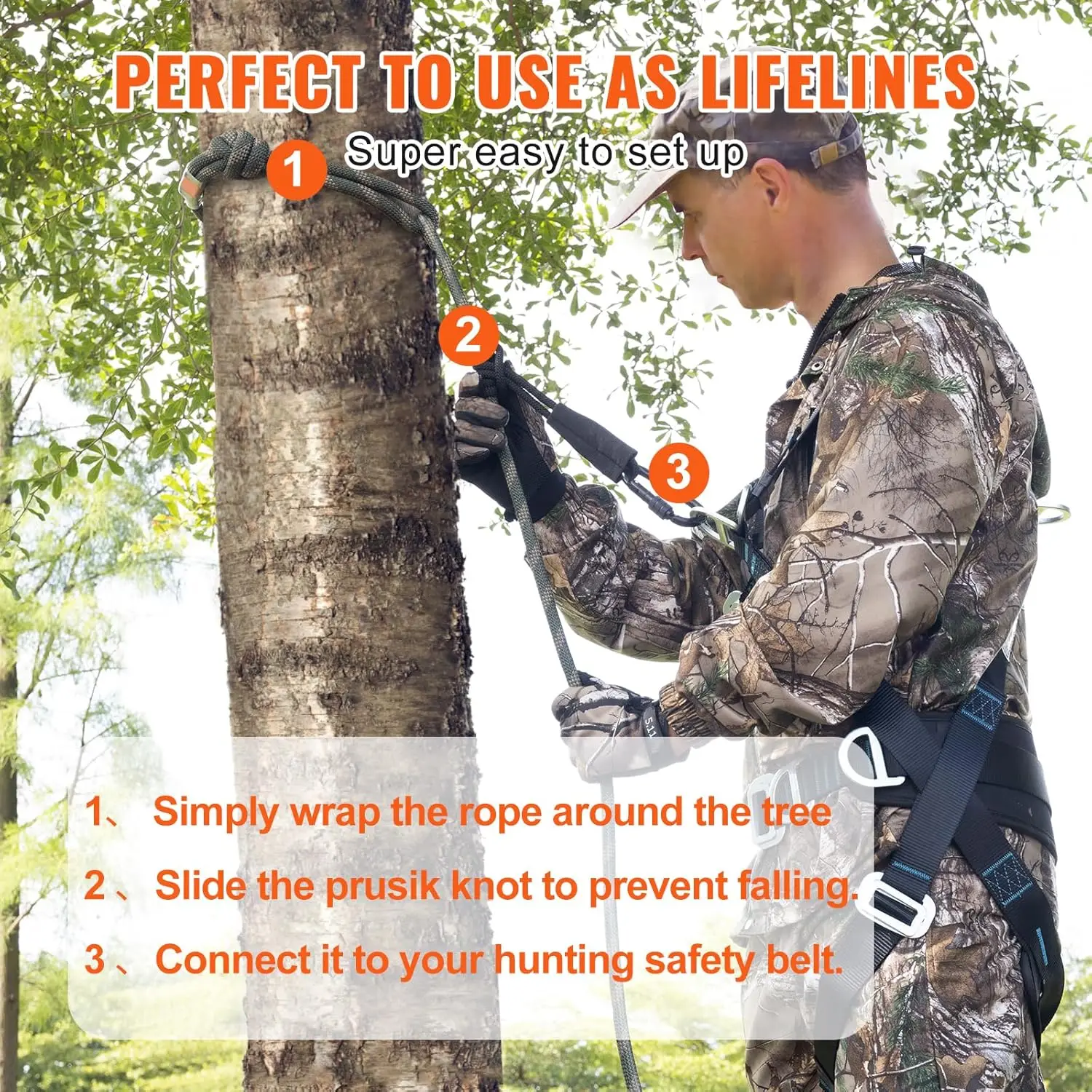 Tree Stand Safety Rope, 9 ft/27.43M Treestand Lifeline Rope 30KN Breaking Tension, 0.6'' Hunting Safety Line with Prusik Knot