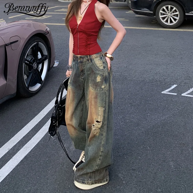 

Benuynffy Women's Retro Ripped Wide-leg Jeans Streetwear Bf Style Loose High Waisted Do Old Washed Hole Straight Denim Trousers