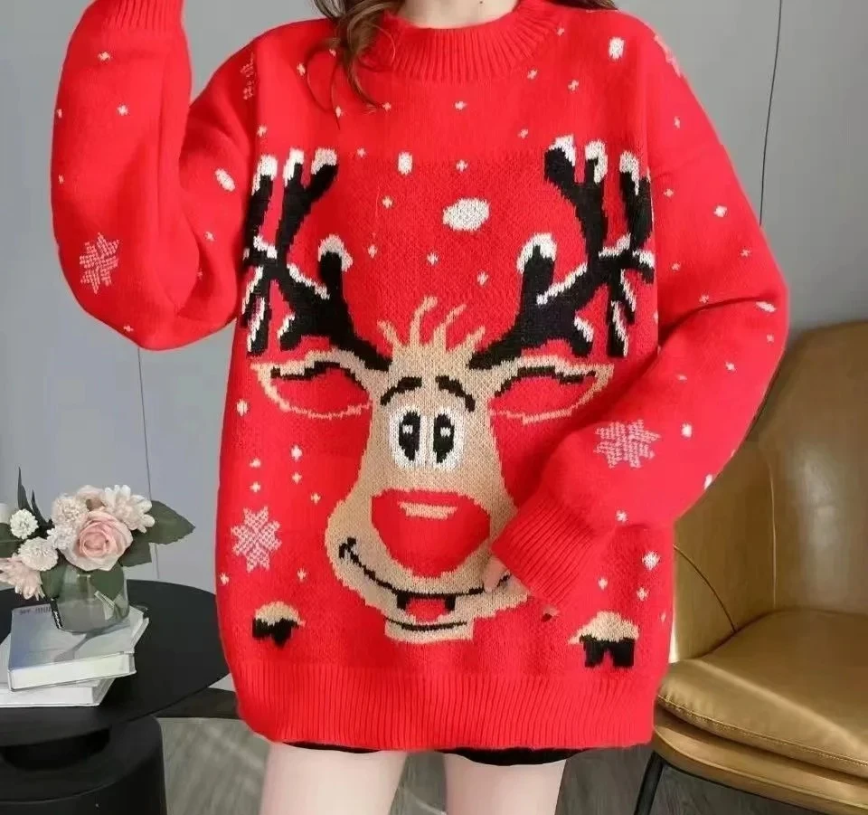 

Red Knitted Sweater V-Neck Long Sleeve Mid-Length Hoodie Women's Size Winter New