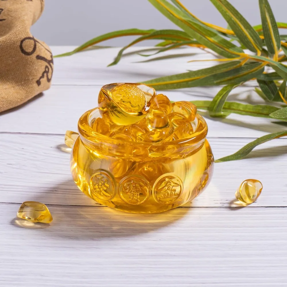 3.15" glass wealth bowl with 1 large & 42 small ingots, golden treasure basin feng shui money bowl for home office
