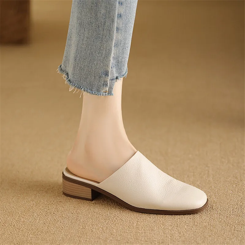 New Genuine Leather Summer Slippers Cover Toe Slippers for Women Fashion Mules Shoes Apricot Ladies Shoes Low Heel Zapatos Mujer