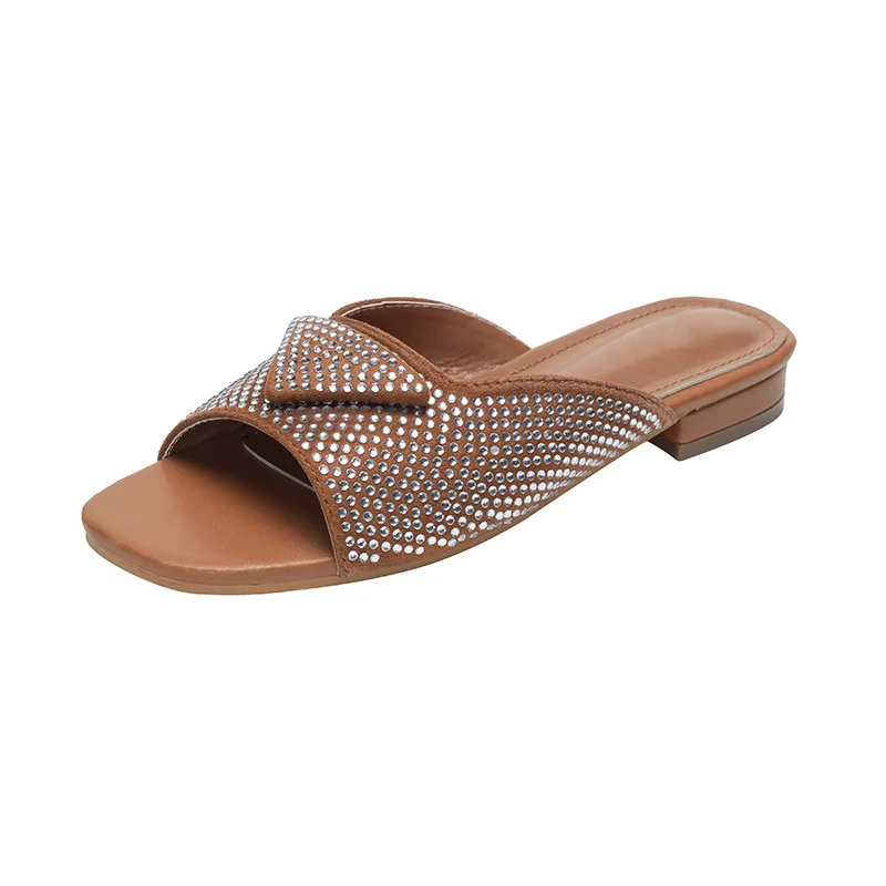 Rhinestone Slippers Women 2023 Summer New Fashion Low-heeled Women's Slippers for Home Designer Luxury Brand Woman Shoes