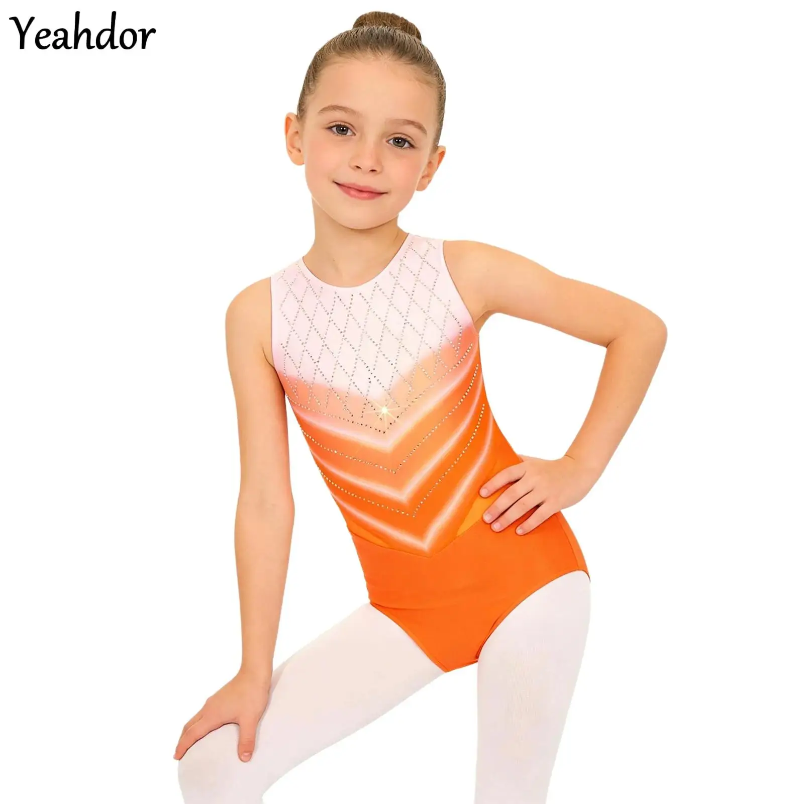

Kids Girls Gymnastic Leotard Rhinestone Dance Jumpsuit Sleeveless Gradient Color Ballet Bodysuit Artistic Figure Skating Costume