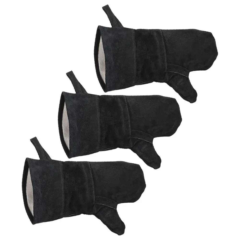 3Pcs Black Heat Insulated Oven Mitts Two Finger Design Cowhide Outer Cotton Quilted Lining for Bbq Baking Grilling Cooking