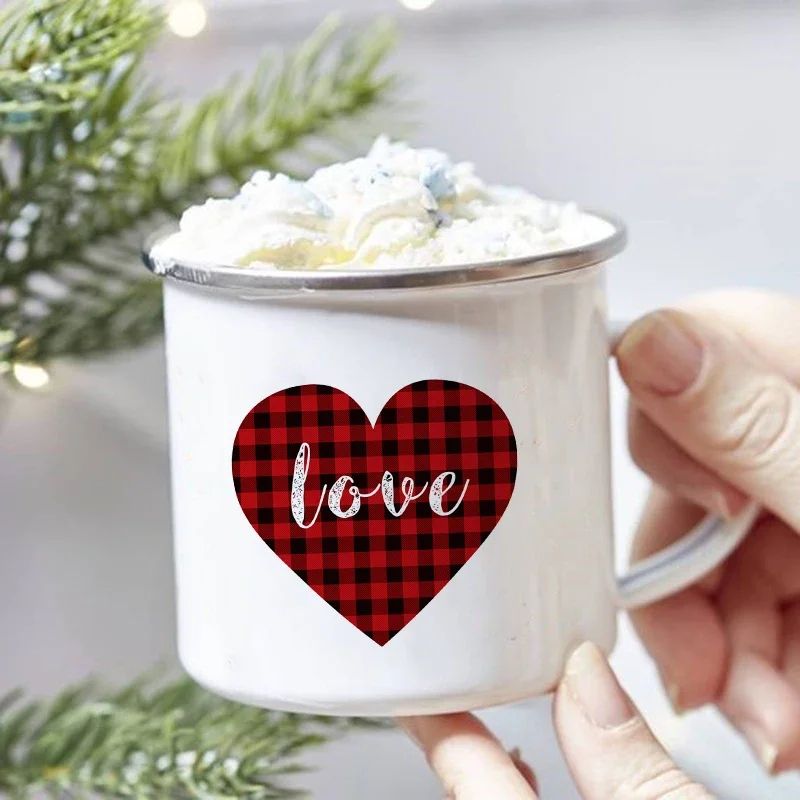 

Love Heart Printed Creative Coffee Cocoa Cups Vintage Christmas Wine Enamel Mug Drinks Milk Juice Cup Cake Mugs Handle Drinkware