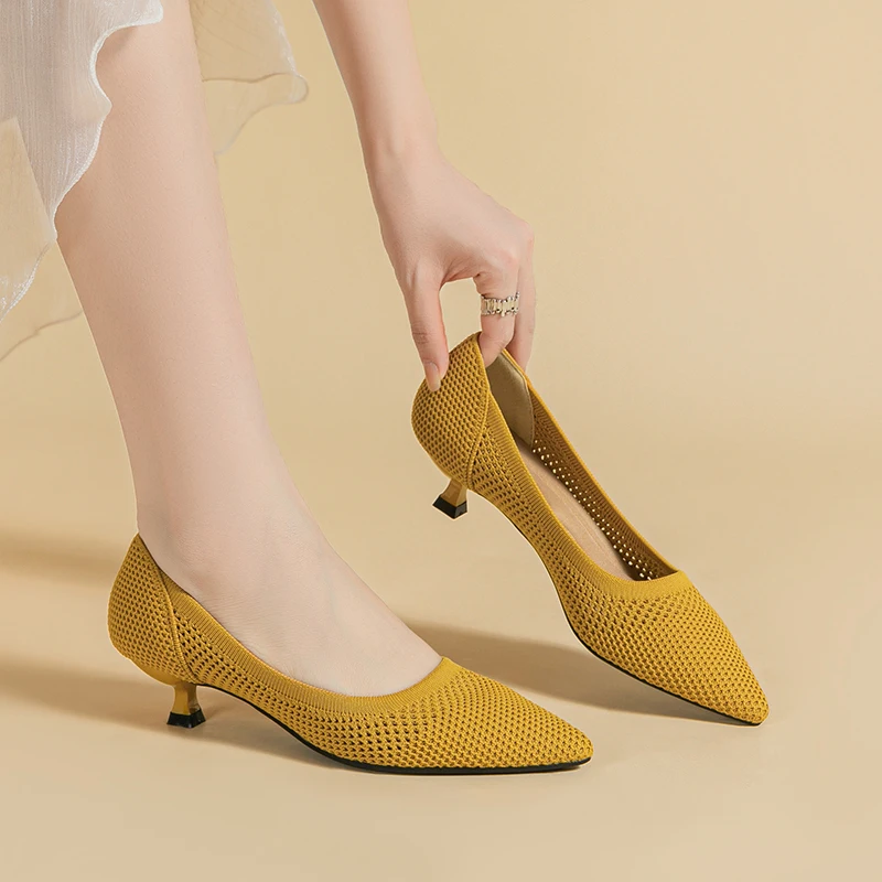 Talons hauts en maille respirante pour femme, semelle en caoutchouc anti-ald, chaussure pointue à la mode, douce et légère, été, nouveau, 107, 2024