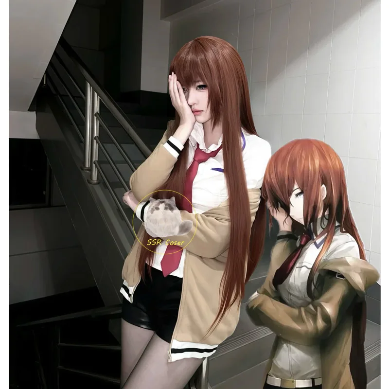 Anime Makise Kurisu Cosplay Costumes Wig STEINS Cosplay Makise Kurisu Hooded Coat Shirt Shorts Halloween Clothes for Women view 5