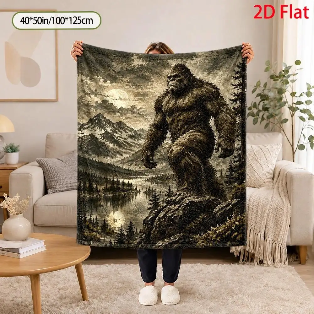 2D Flat Surface, 280G/Square Meter, Bigfoot Standing on Rock Cliffs and Mountain Landscape Pattern, Oil Painting Style Bigfoot Illustration Flannel Blanket, Christmas Gift, Birthday Gift