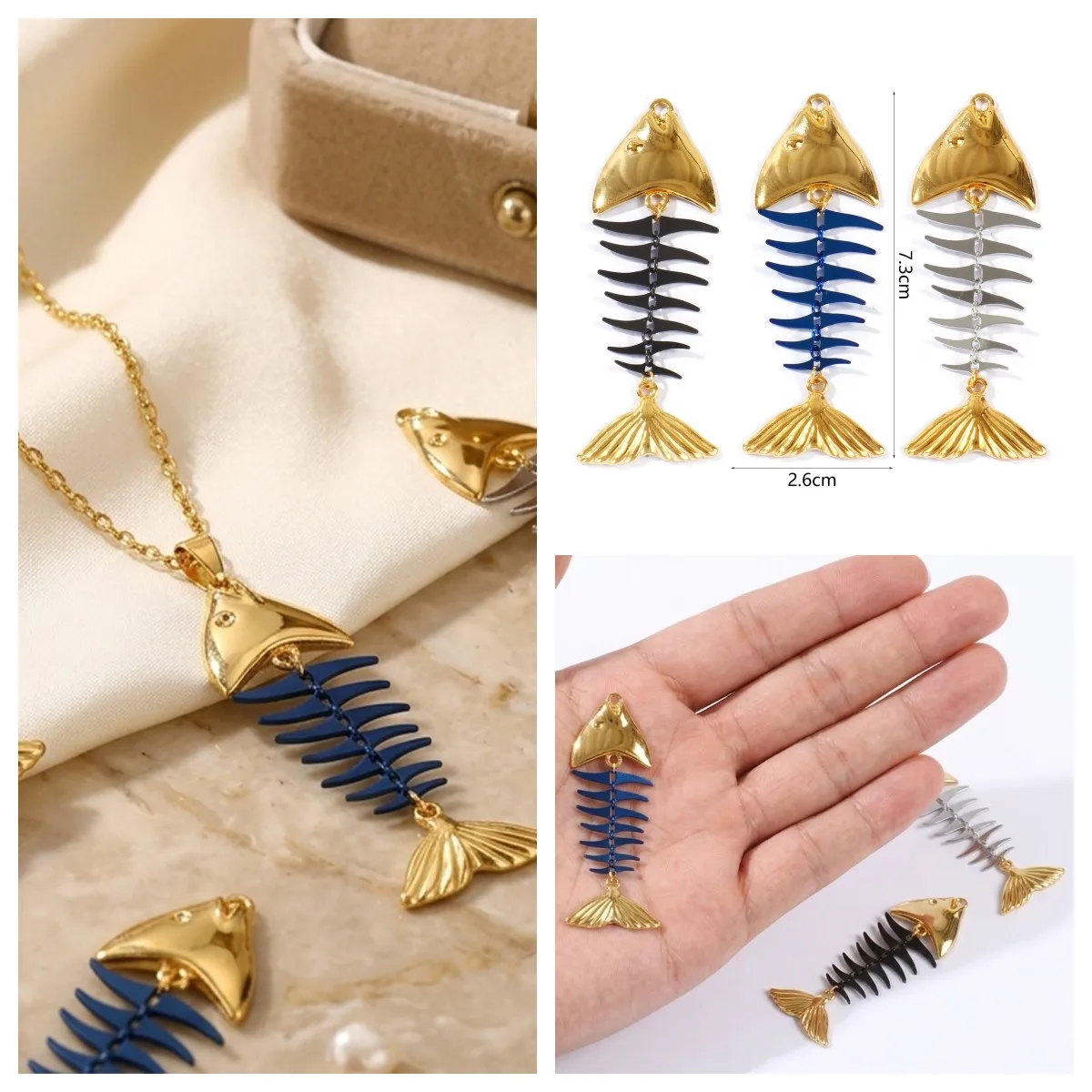 1pc Ocean Fish Bone Movable 304 Stainless Steel Charms 18K Gold Plated Pendant For DIY Necklace Jewelry Findings 7.3cm x 2.6cm
