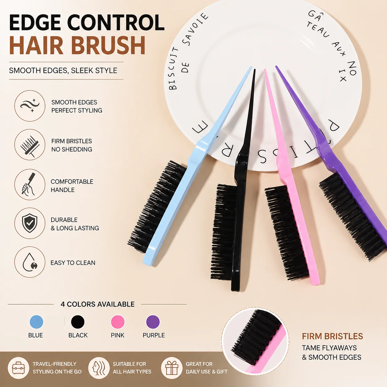 2pcs Hair Teasing Brush, Salon Back Combing Brush Rat Tail Teasing Hair Brush Nylon for Back Combing Styling Tool