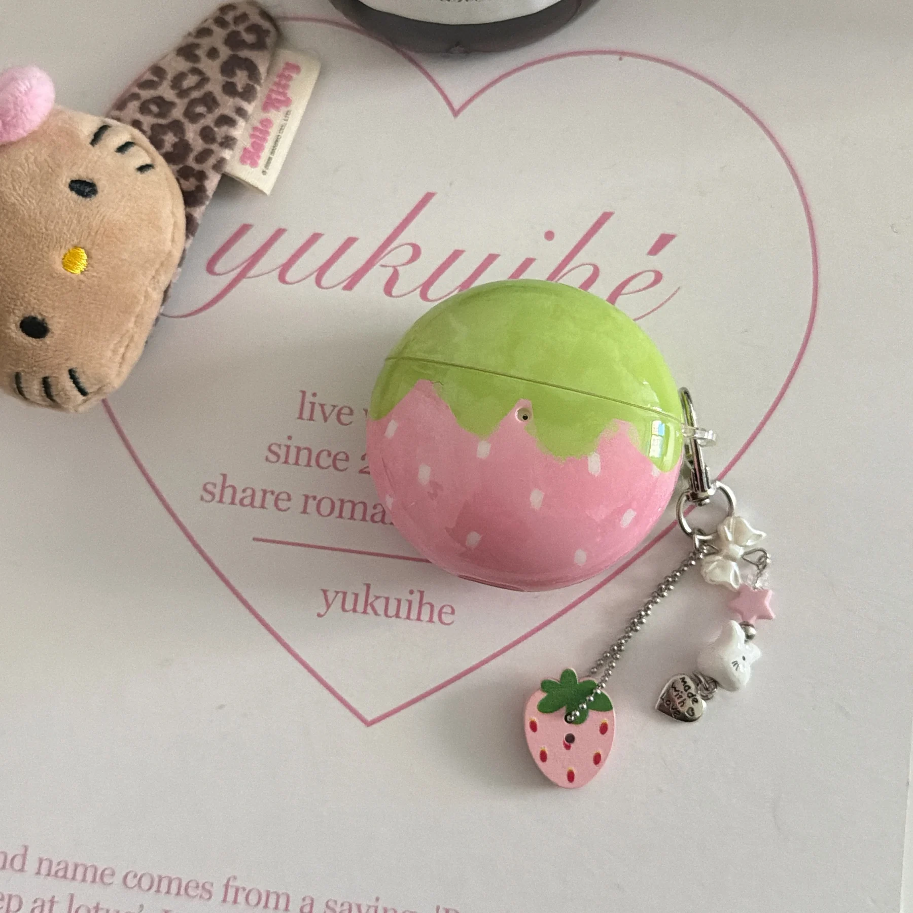Cute Lovely Polka Point Strawberry Glossy Earphones Cover Case for Huawei FreeBuds 7i 5i 6i se2 se3 FreeCip 2 with Charm Pendant