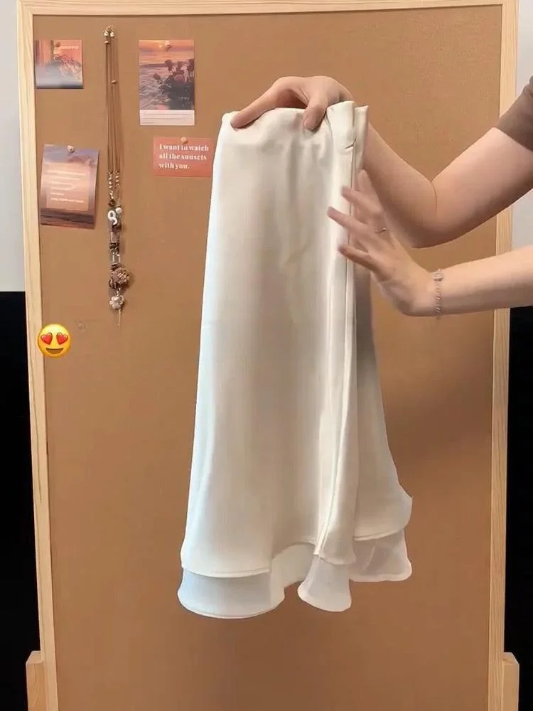 Silk Satin A-Line Midi Skirt Women's Slimming Versatile Summer High Waist Embroidered Half Body Skirt Luxury Feel