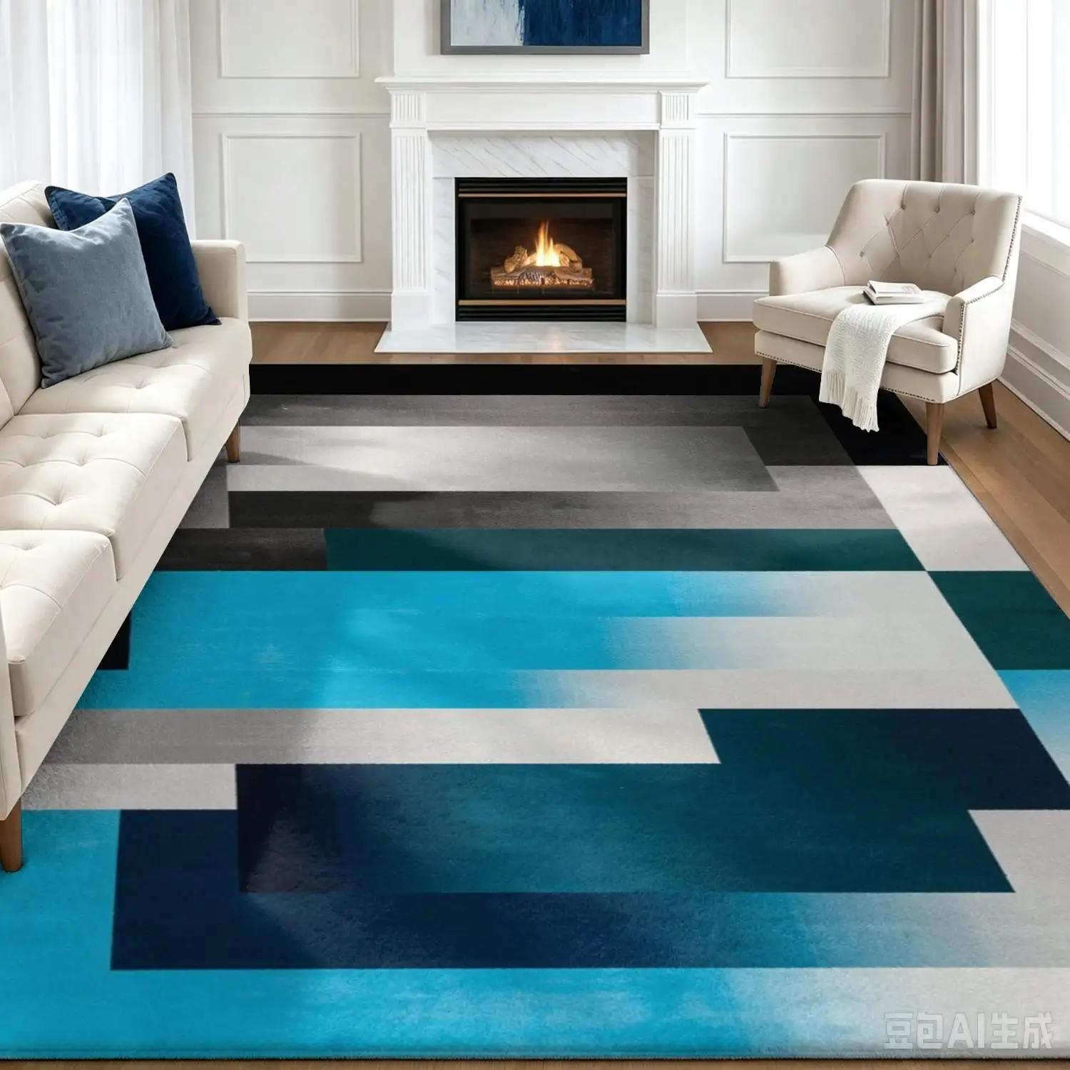 1Pc 2D Printed Carpet: Blue-Grey Geometric Abstract Pattern, Nordic/Instagram Style, Machine Washable, Multi-Size, Ideal for Home Decor & Multi-Scene Use