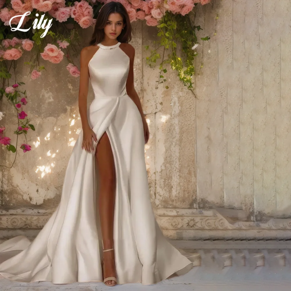 

Lily White Halter Prom Gown sleeveless Bow Tie At Back Prom Dresses Split Wedding Party Evening Dresses robe de bal Customized