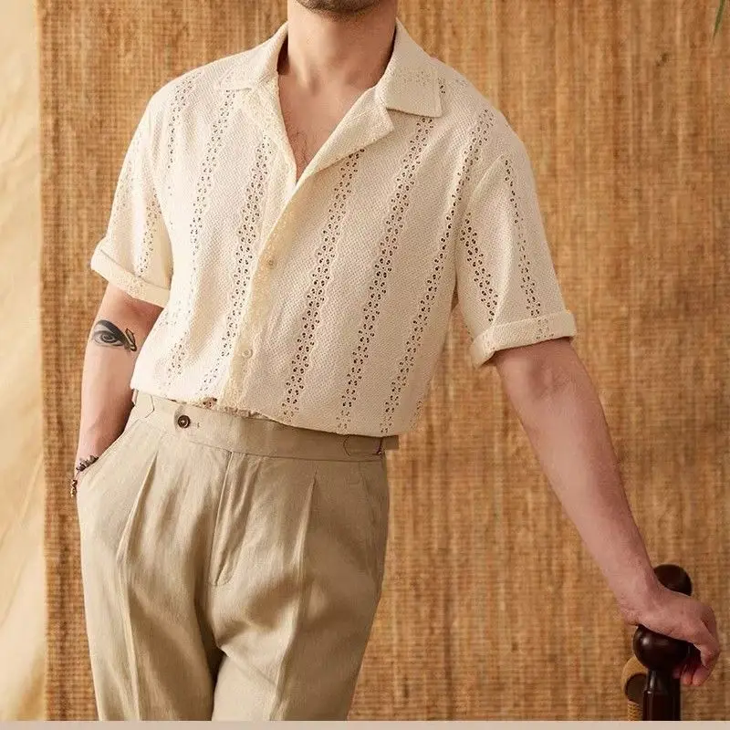 Summer Thin Jacket Short-sleeved Shirt Gentleman's Outfit Light Mature Hollow Versatile Vacation Cuban Collar Casual Shirt Men
