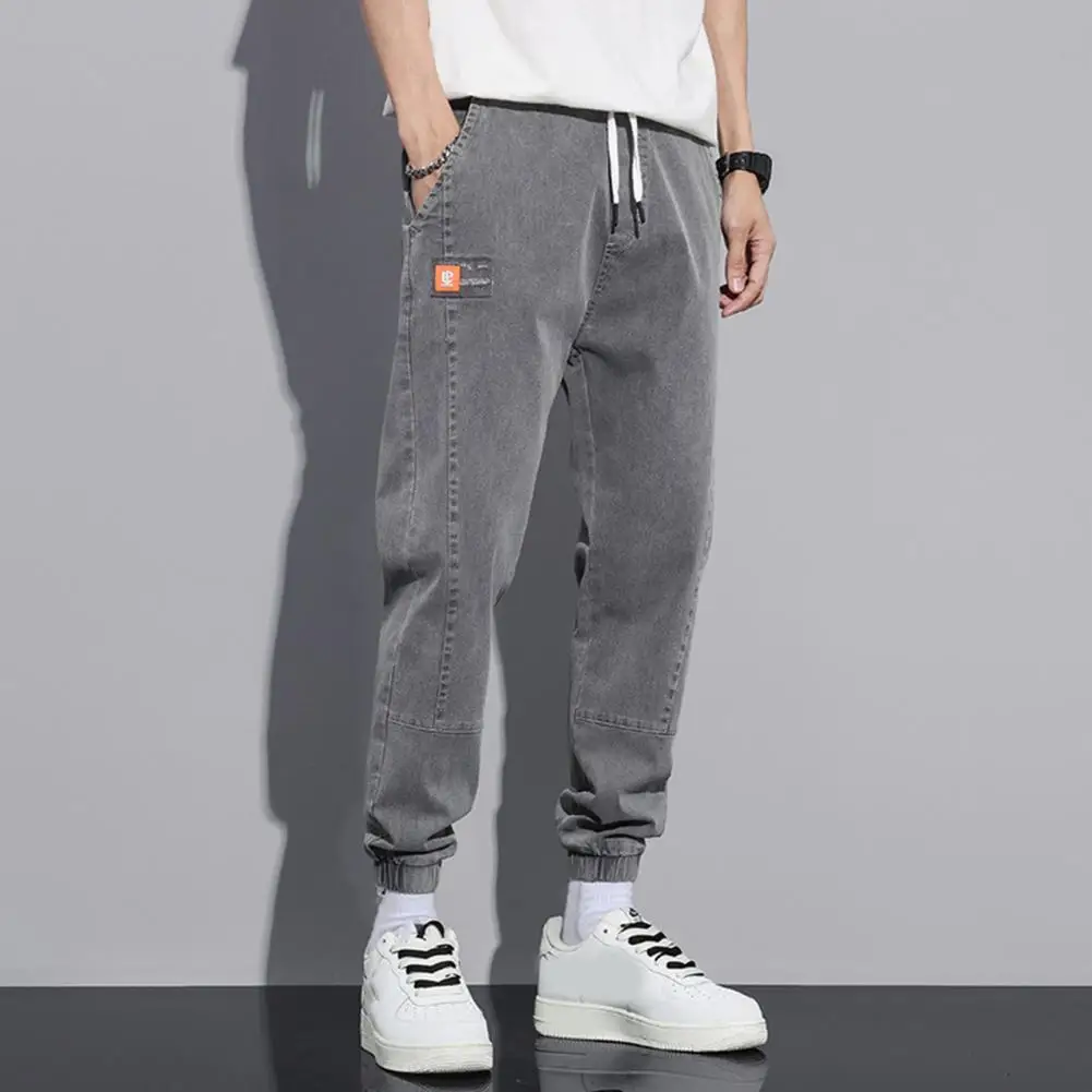 Fall Spring Men Cargo Pants Loose Ankle-banded Drawstring Elastic Waist Solid Color Pockets Soft Warm Men Ankle Length Trousers