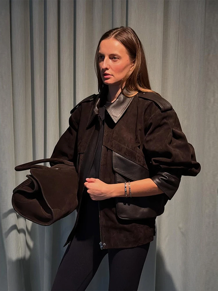 

Women's Autumn Winter Vintage Oversize Faux Suede Jacket Deep Lapel Big Pocket Warm Coat Casual Warm Outwears 2025 New Coats