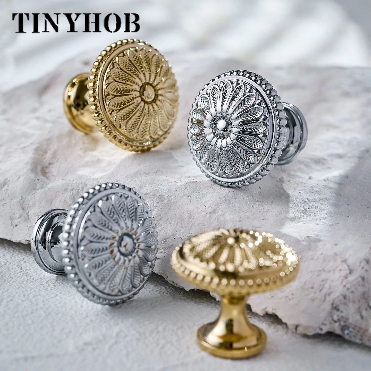 Gold Flower Brass Oval Knob Kitchen Cabinet Handles Door Pull Knobs for Dresser Drawer Solid Brass Chrome Furniture Hardware