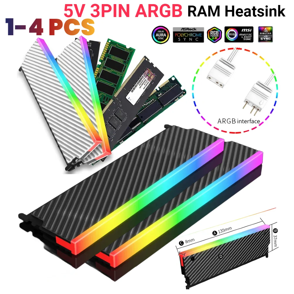 

5V 3PIN ARGB RAM Heatsink Radiator Cooler with Thermal Silicone Pad Memory Heat Sink for DDR2 DDR3 DDR4 DDR5 Desktop PC Memory