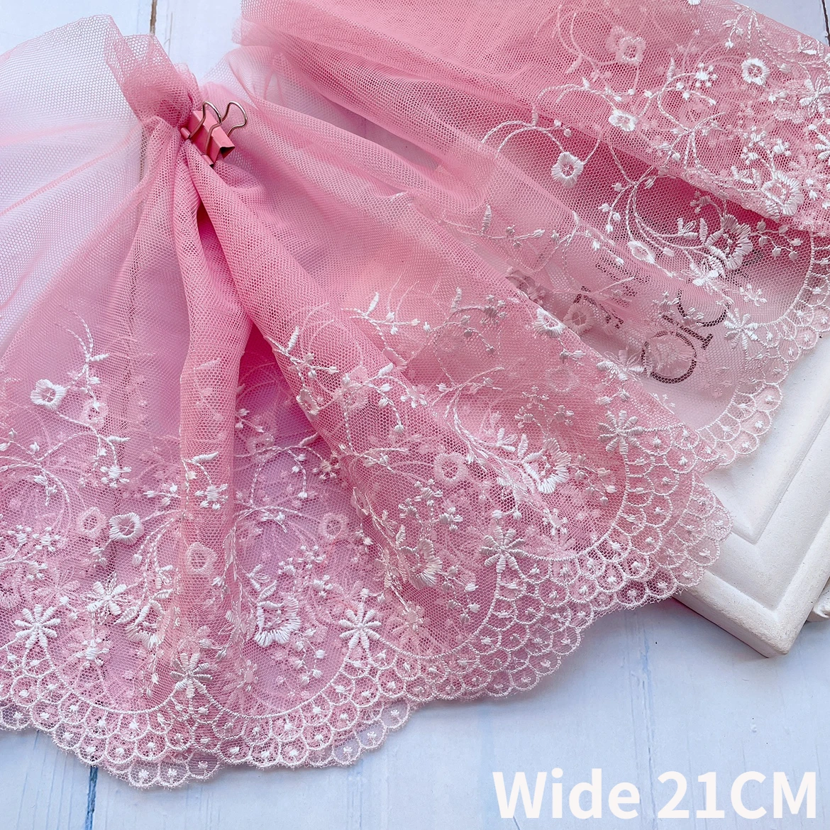 21CM Wide Elegant Tulle Voile Pink Lace Applique Tulip Floral Embroidery Fabric Ribbon Wedding Dress Guipure DIY Sewing Decor