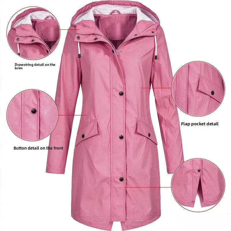 Women Hooded Outdoor Jacket Windproof Waterproof Long Coat Drawstring Waist Casual Outerwear With Side Pockets