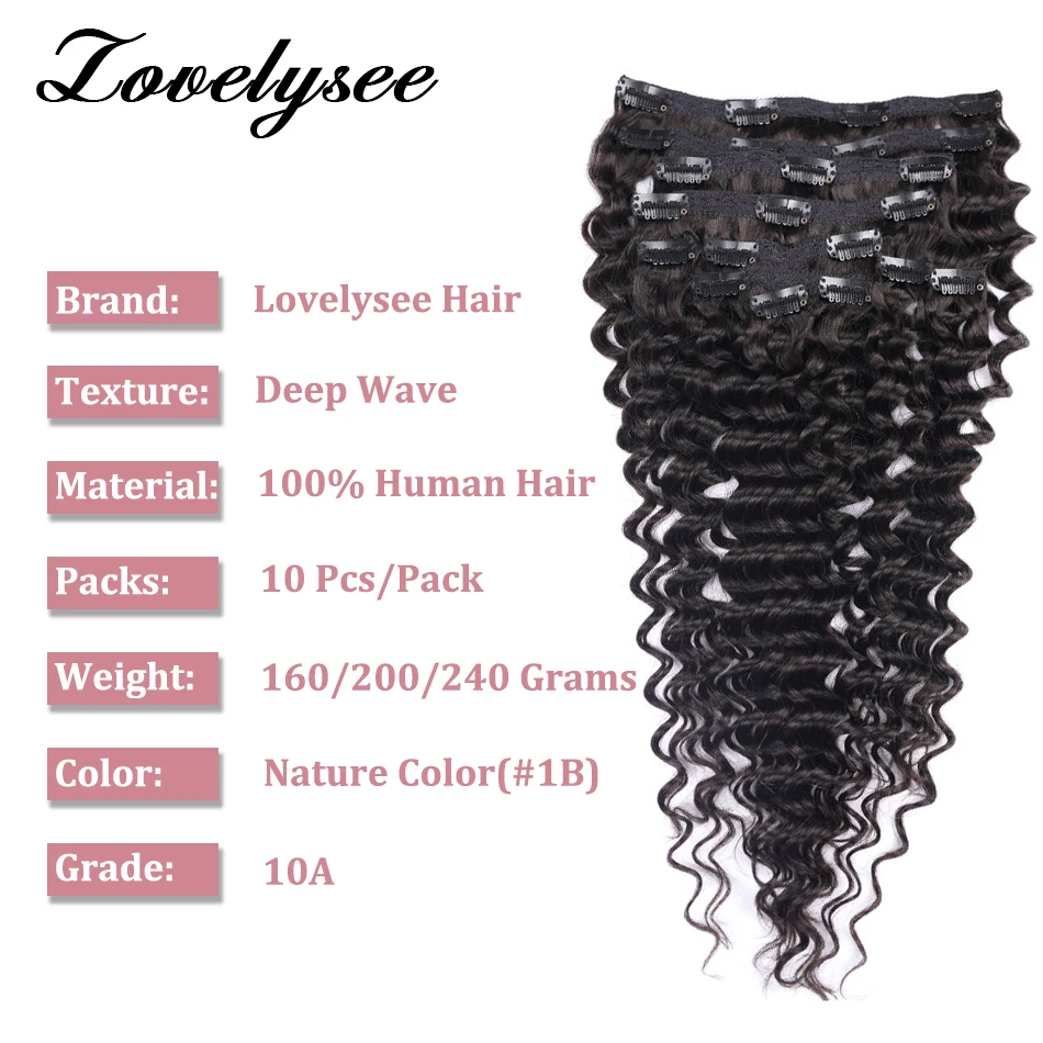 10Pcs Deep Wave Clip in Human Hair Extensions Brazilian Real Human Hair Clip Ins Remy Hair Extension for Women Full Head Clips