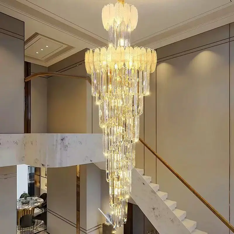 Creative White Feather Staircase Rotating Long Chandelier Modern Villa Luxury High Ceiling Living Room Clean Crystal Large Lamp