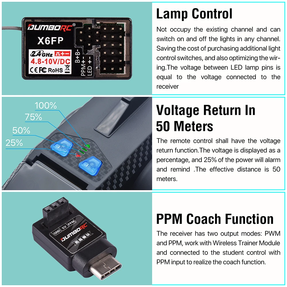 DUMBORC X6FP odbiornik RC bezprzewodowy moduł autokaru 6CH kontrolny napięcia powrotnego dla 2.4GHZ nadajnika X5P/X6PM/X10P/X6P RC