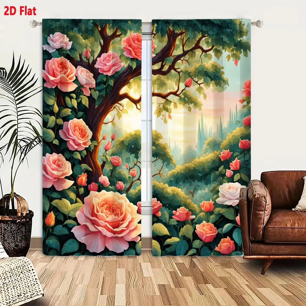 2Pcs Curtains 2D Flat Vibrant Whimsical Digital Illustration Lush Garden Scene Golden Light Gnarled Tree Trunk Pastel Roses Roll