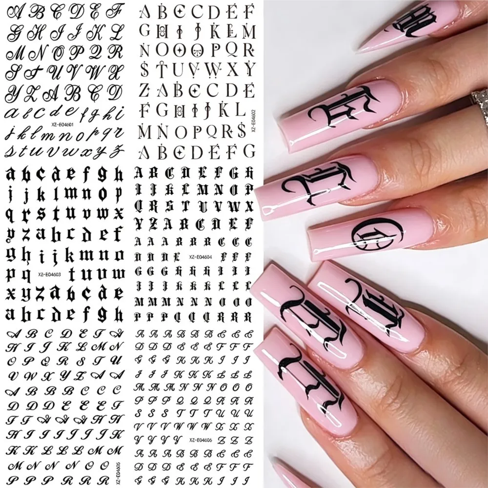 6pcs/set Black Gothic 26 English Letter Nail Stickers 3D Retro Old Alphabet Nail Decals Self-adhesive English Letter Nail Decora